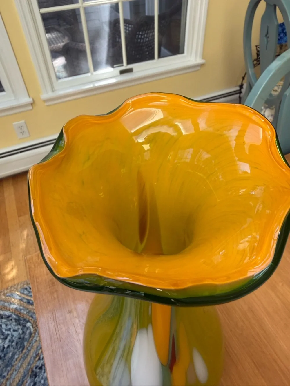 Mid Century Modern Handblown Art Glass Vase in Green, Yellow & Red